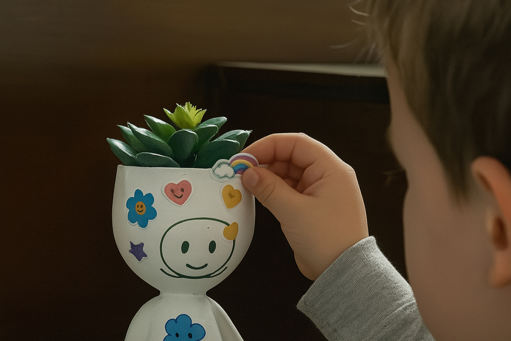 Niño pegando pegatinas a Maceta Man. Maceta educativa y app educativa